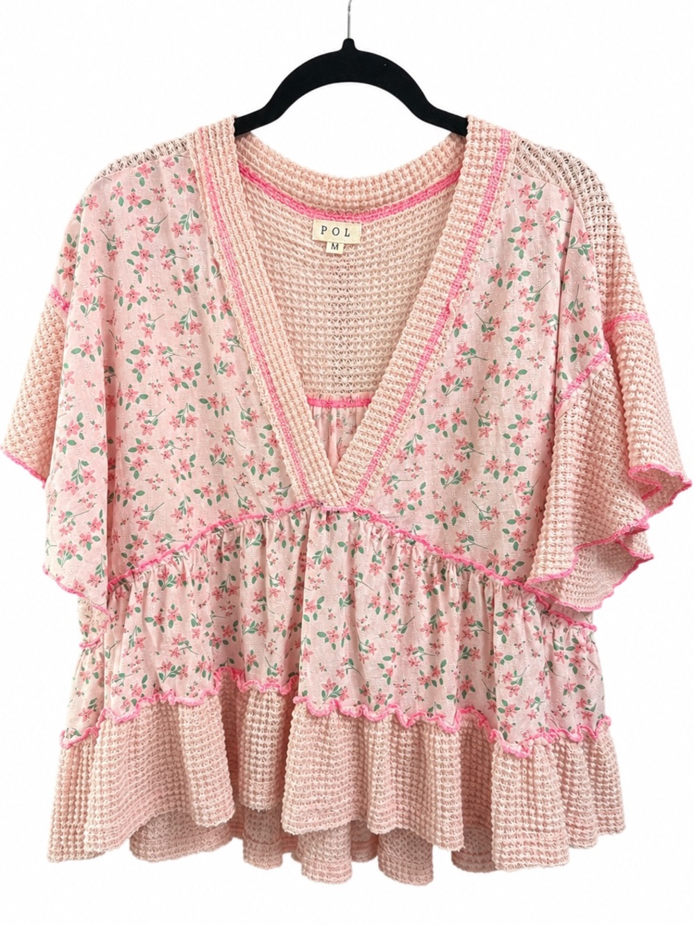 POL Floral Waffle Knit Babydoll Tunic Pink Boho Flutter Sleeve Top M